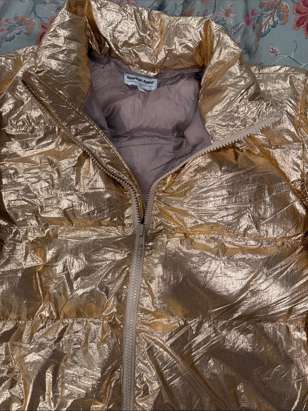 American Apparel Metallic Gold Puffer Jacket - Women's Shiny Finish